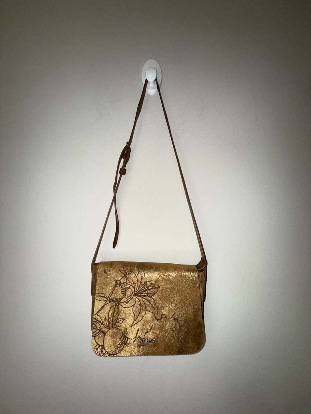 Velez Metallic Gold Leather Floral Embossed Crossbody Bag